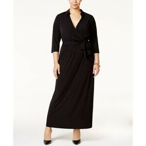 NY Collection Lightweight Plus Faux-Wrap Maxi Dress Tie Belt At Waist Black 3X
